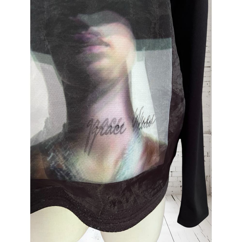 Alberto Makali Layered Mesh Graphic Stretchy Goth Top Size Medium - Picture 2 of 8